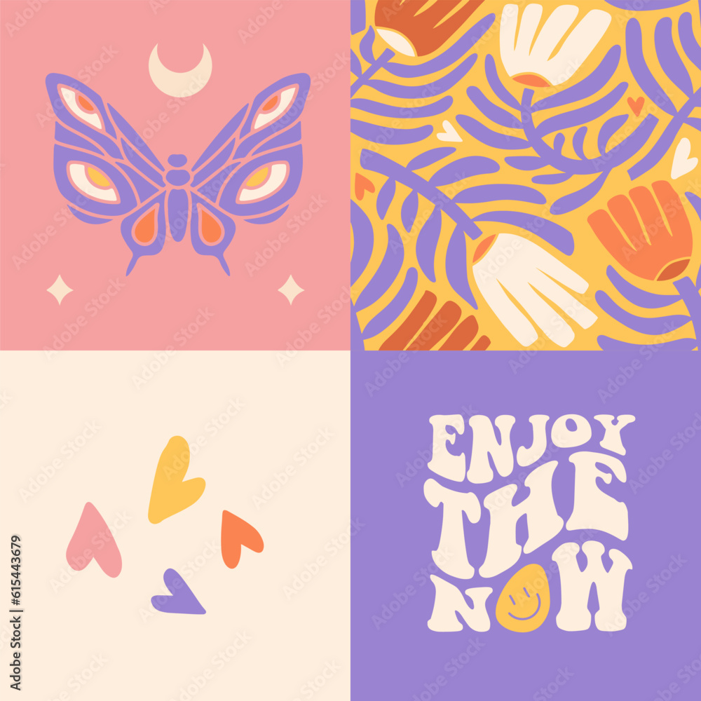 Poster set of 4 square groovy retro 70s style cards with retro lettering text enjoy the now, anstract flowe