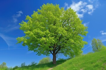 Fototapeta na wymiar tree with vibrant green sprouting leaves, set against blue sky, created with generative ai