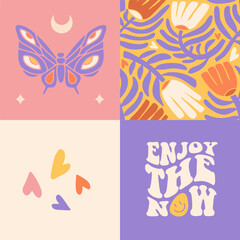 Set of 4 square groovy retro 70s style cards with retro lettering text Enjoy the now, anstract flowers and butterfly. Cool Hippie Prints ideas for Poster, Wall Art. Flat vector illustration.