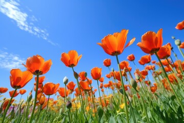 Fototapeta premium orange tulips in full bloom against blue sky, created with generative ai
