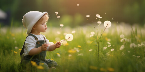 Süßes Kind auf der Wiese mit Pusteblumen und fliegen, ai generativ - obrazy, fototapety, plakaty