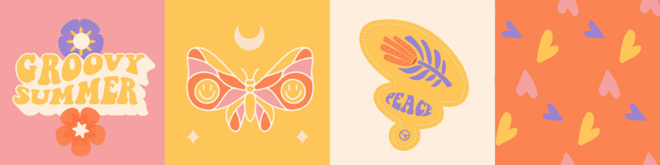 Groovy butterfly, hearts , flower banners collection. Set of 4 Hippie 60s 70s posters. Floral romantic backgrounds in trendy summer retro style. Flat Vector card, sticker, t-shirt print, invitation.