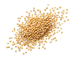 Heap of mustard grains scattered on white. Top view - obrazy, fototapety, plakaty