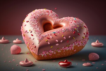 heart-shaped donut with pink icing, sprinkles and heart decorations, created with generative ai