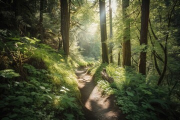 hiking trail leading through lush forest, with sunlight filtering through the trees, created with generative ai