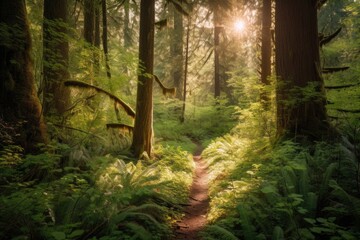 hiking trail through lush forest, with sunlight filtering through the trees, created with generative ai