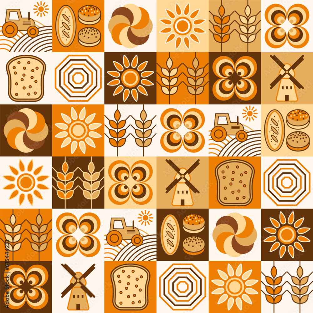 Poster bread, bakery theme background with icons, design elements in simple geometric style seamless patter