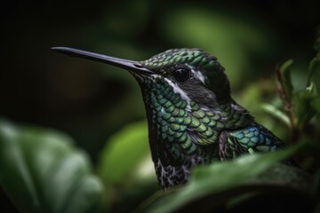 close-up of hummingbird's beak, surrounded by lush greenery, created with generative ai