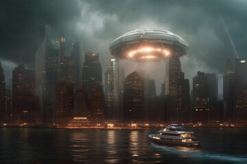 An otherworldly ufo alien mother ship descends upon a cityscape adorned with towering skyscrapers. Ai generated