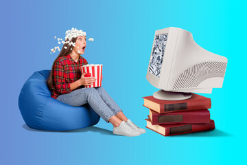 Collage picture of impressed mini girl sit beanbag hold pop corn watch tv big retro pc display pile stack book isolated on blue background