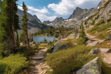 Fototapeta na wymiar hiking trail winding through mountain range, with views of peaks and lakes, created with generative ai
