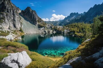 Fototapeta na wymiar stunning alpine lake surrounded by craggy mountains and clear blue skies, created with generative ai