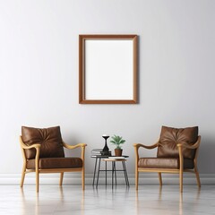 White Room Mockup Blank Wooden Picture Frame and a  Pair of Brown Leather Chairs and Small Tables