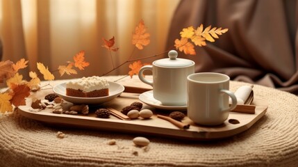 Obraz na płótnie Canvas A cozy retreat with a cup of coffee and a delightful autumn dessert. AI generated