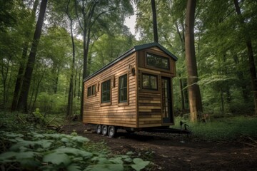 Fototapeta na wymiar tiny house on wheels, parked in quiet forest, created with generative ai