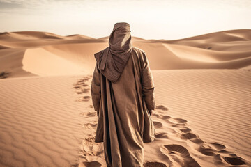 The solitude and beauty of the Sahara desert as a lone Arab figure gracefully traverses the vast sandy landscapes, dressed in traditional attire. Ai generated