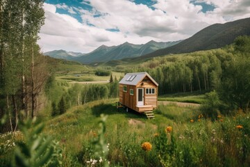 tiny house on wheels surrounded by lush greenery and mountains in the background, created with generative ai