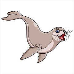 Cartoon seal swimming on white background