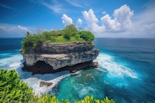 tropical island with cliff-edge view of the blue sea, palm trees in the background, created with generative ai