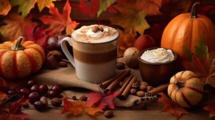A highlighting the flavors of autumn with cup of coffee and seasonal dessert. AI generated