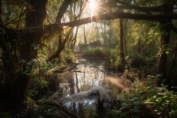 sun shining through the leaves of overhanging trees onto a wetland, created with generative ai