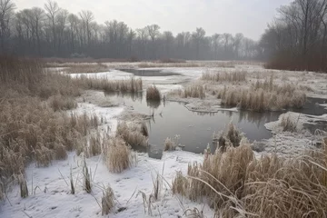 Foto op Plexiglas snow-covered wetland and marsh in winter landscape, created with generative ai © Natalia