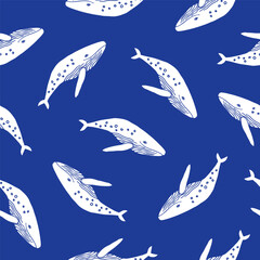 Cute whale seamless pattern on blue background. White blue sea animal repeat pattern. Humpback whale hand drawn illustration.