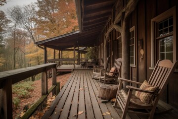 Plakat cozy cabin retreat with wraparound porch and rocking chairs, created with generative ai