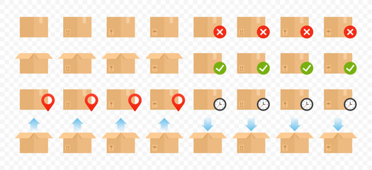 Delivery carton box vector design set. Cardboard box package open and closed with fragile signs graphic design. Carton delivery packaging, moving, transportation, delivery icons