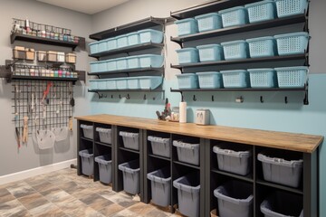 storage wall with bins and hooks for organizing tools and supplies, created with generative ai - obrazy, fototapety, plakaty