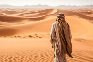 The solitude and beauty of the Sahara desert as a lone Arab figure gracefully traverses the vast sandy landscapes, dressed in traditional attire. Ai generated