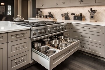 a kitchen with custom built-in storage for pots, pans and utensils, created with generative ai