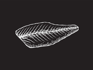 Vector illustration of a sliced smoked salmon fillet in black and white sketch style