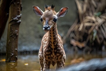 baby giraffe exploring its habitat for the first time, created with generative ai