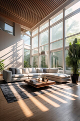 Fototapeta premium Intérieur d'un appartement de luxe avec de grandes baies vitrées, parquet et mobilier moderne