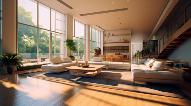 Int&eacute;rieur d'un appartement de luxe avec de grandes baies vitr&eacute;es, parquet et mobilier moderne