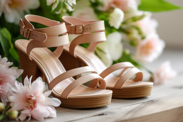 Luxury glamour woman`s sandals. Super photo realistic background, generative ai illustration.