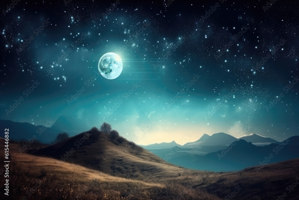 Canvas Prints abstract and surreal landscape with the moon shining above, surrounded by stars, created with genera
