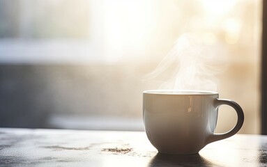 Morning Close-up of Steamy Cup for Breakfast Coffee with Smoke on Table blur Background