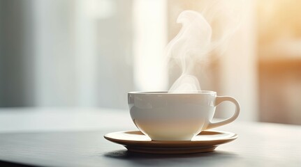 Fototapeta premium Morning Close-up of Steamy Cup for Breakfast Coffee with Smoke on Table blur Background