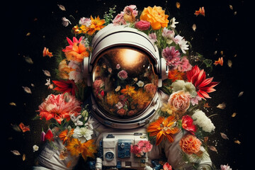 An astronaut with a helmet immersed in a breathtaking field of vibrant and colorful flowers. Ai generated