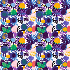 Modern purple summer collage paper cut out shapes pattern with fabric effect design. Seamless fun nature inspired fashion repeat for trendy textile washed print backdrop.