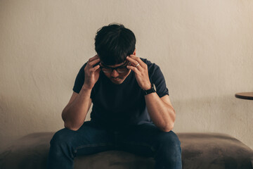 sad serious illness man.depressed emotion panic attacks alone sick people fear stressful crying.stop abusing domestic violence,help person with health anxiety,thinking bad frustrated exhausted