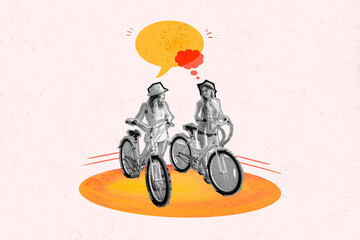 Collage illustration of two young girls friends have fun together speaking bubble clouds questions...