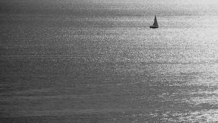 Single sailboat on calm sea in black and white