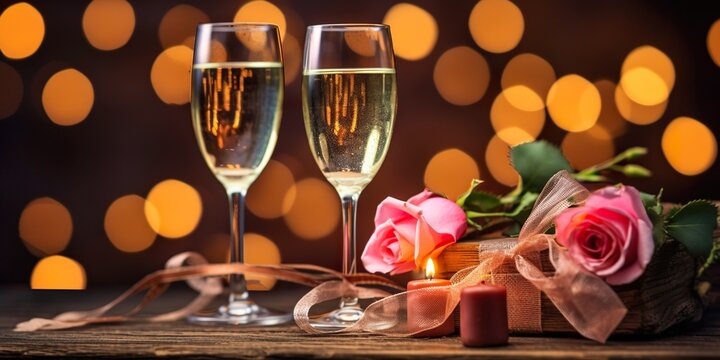 Glass of champagne with creamy bokeh background. Romantic scene. Ai generative Art. 