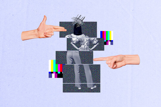 Photo poster collage of rear back view woman addicted narratives mass media falsification colorful image isolated on grey background - Powered by Adobe