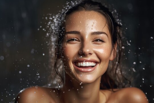 A close - up photo of a happy woman model with water splashes, emphasizing the concept of skincare hydration and beauty. Generative AI