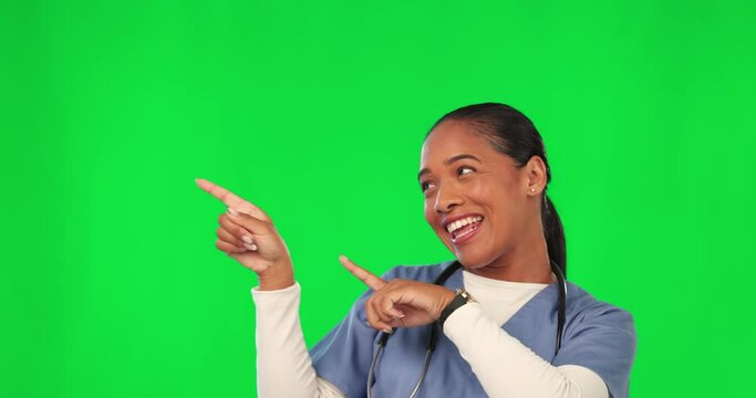Woman, doctor and happy dancing by green screen with moving, face and pointing with mockup space. Young female medic, nurse and excited face for comic dance, healthcare promotion or studio background