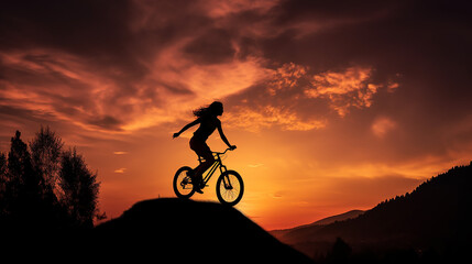 Silhueta siclista aventura em alto de montanha, esportista vencedor , superando limites 